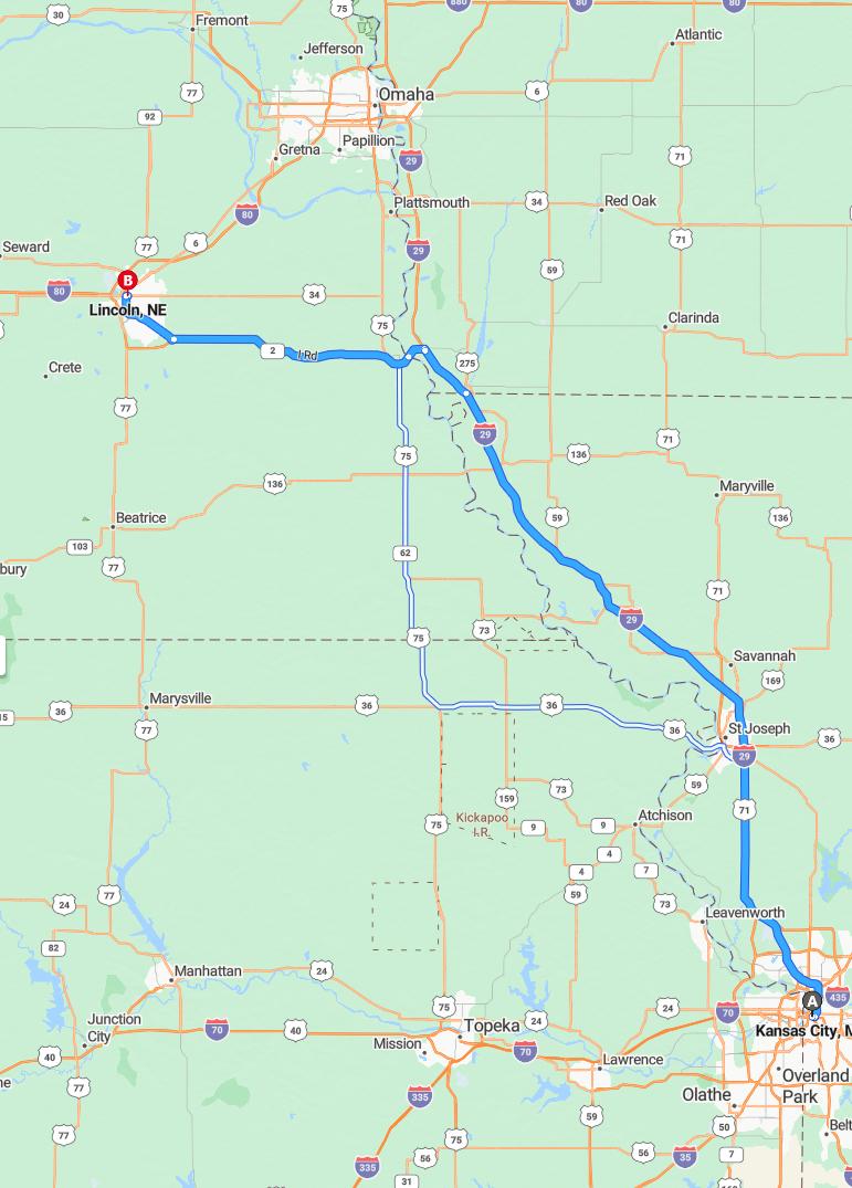 driving from Kansas City, Missouri to LincolnNebraska - map and route