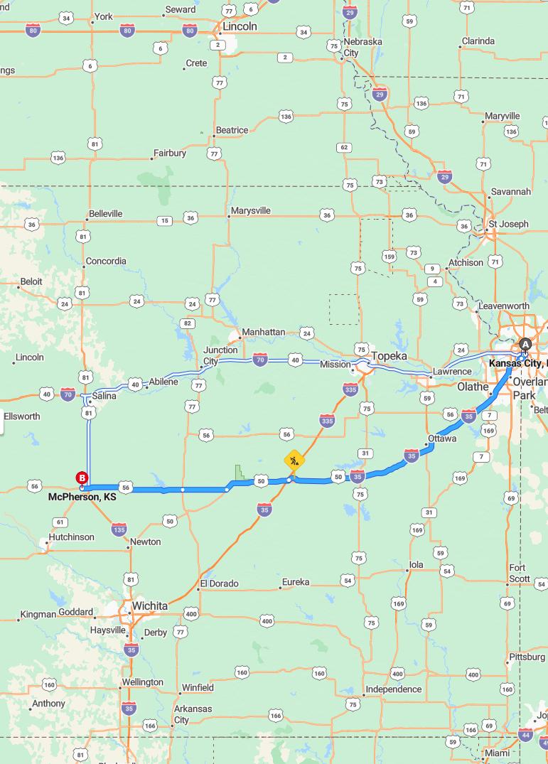 driving from Kansas City, Missouri to McPhersonKansas - map and route