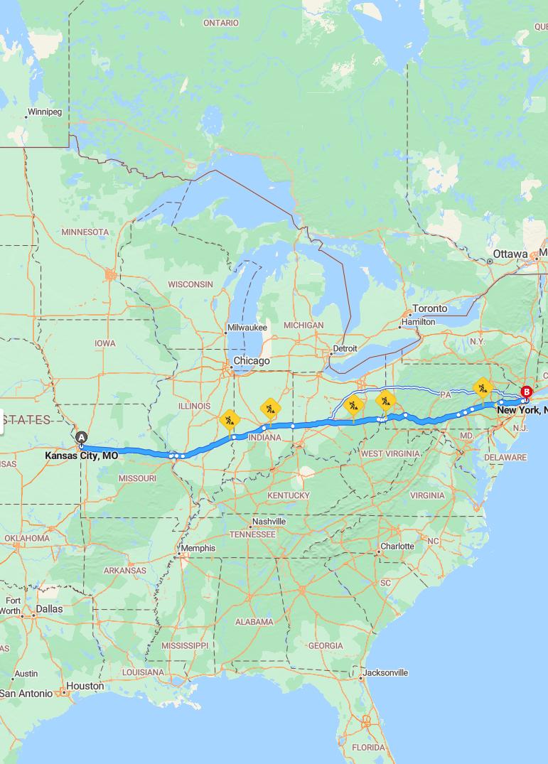 driving from Kansas City, Missouri to New YorkNew York - map and route