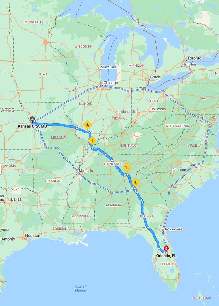 driving from Kansas City, Missouri to OrlandoFlorida - map and route