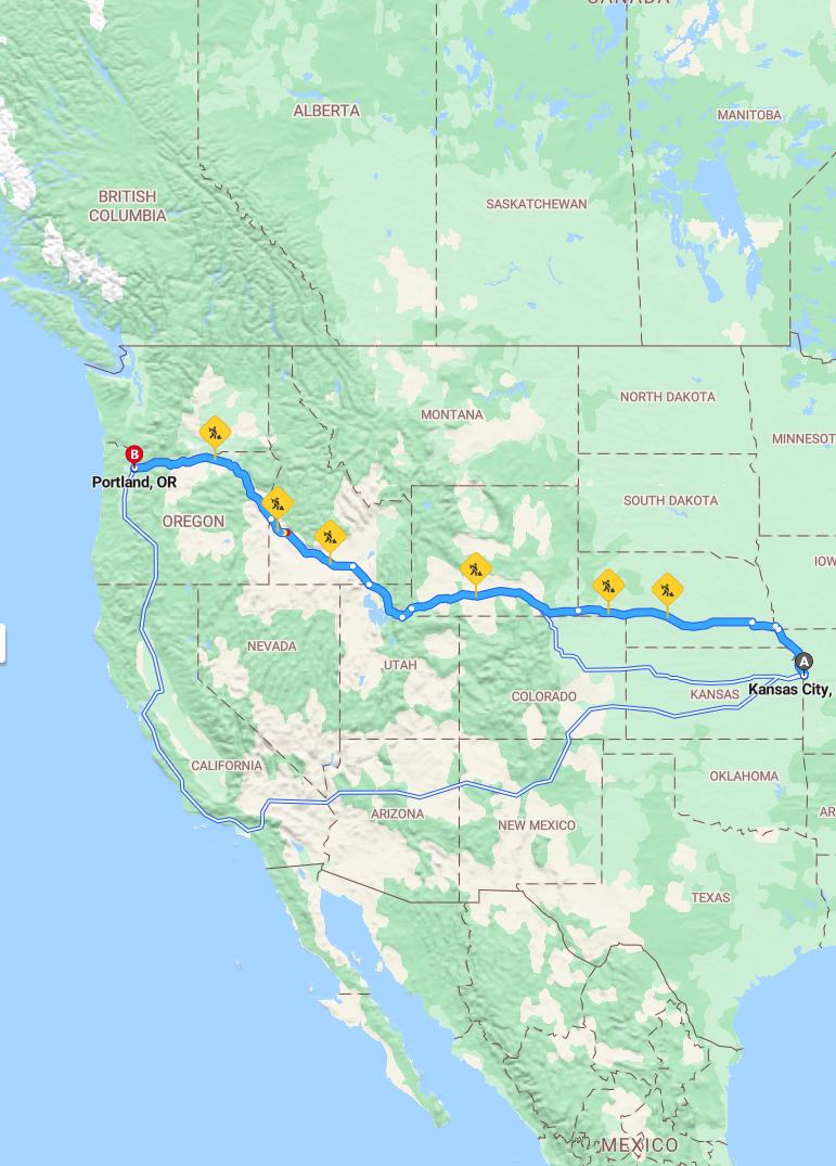 driving from Kansas City, Missouri to PortlandOregon - map and route