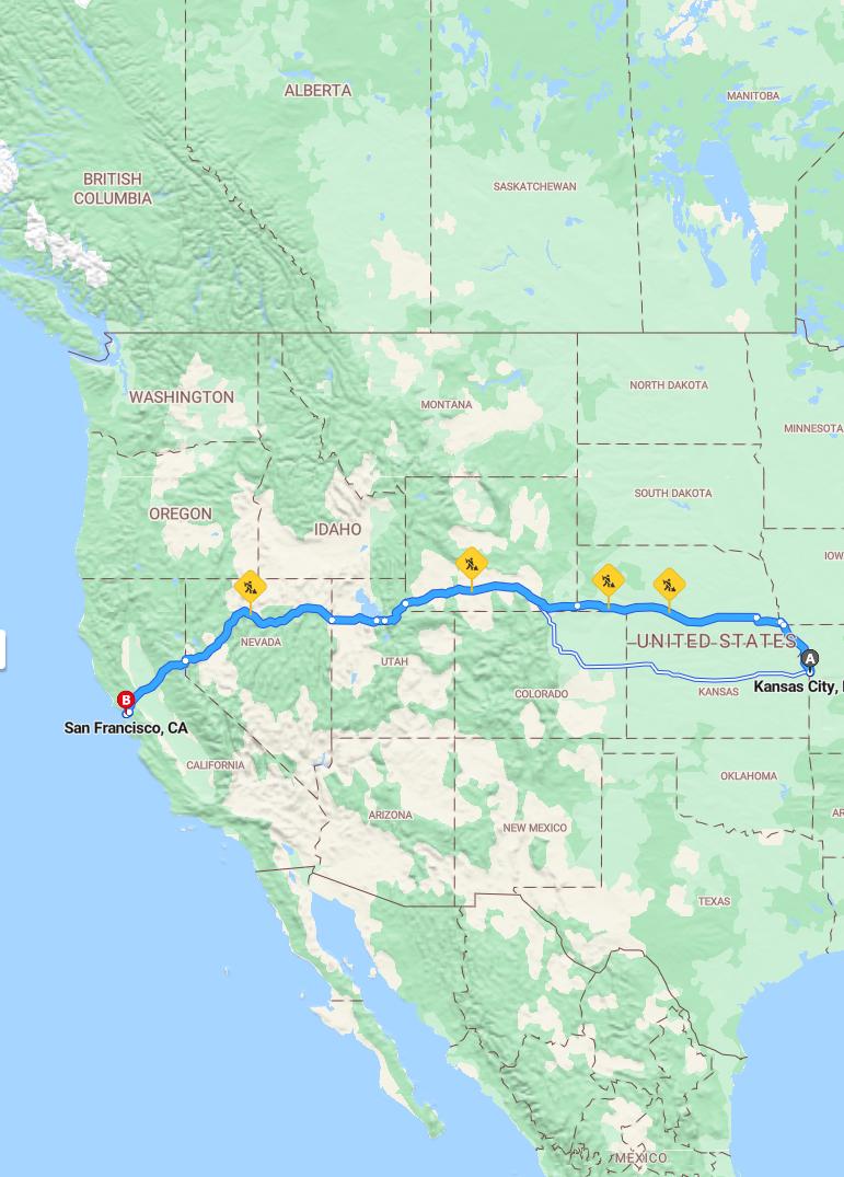 driving from Kansas City, Missouri to San FranciscoCalifornia - map and route