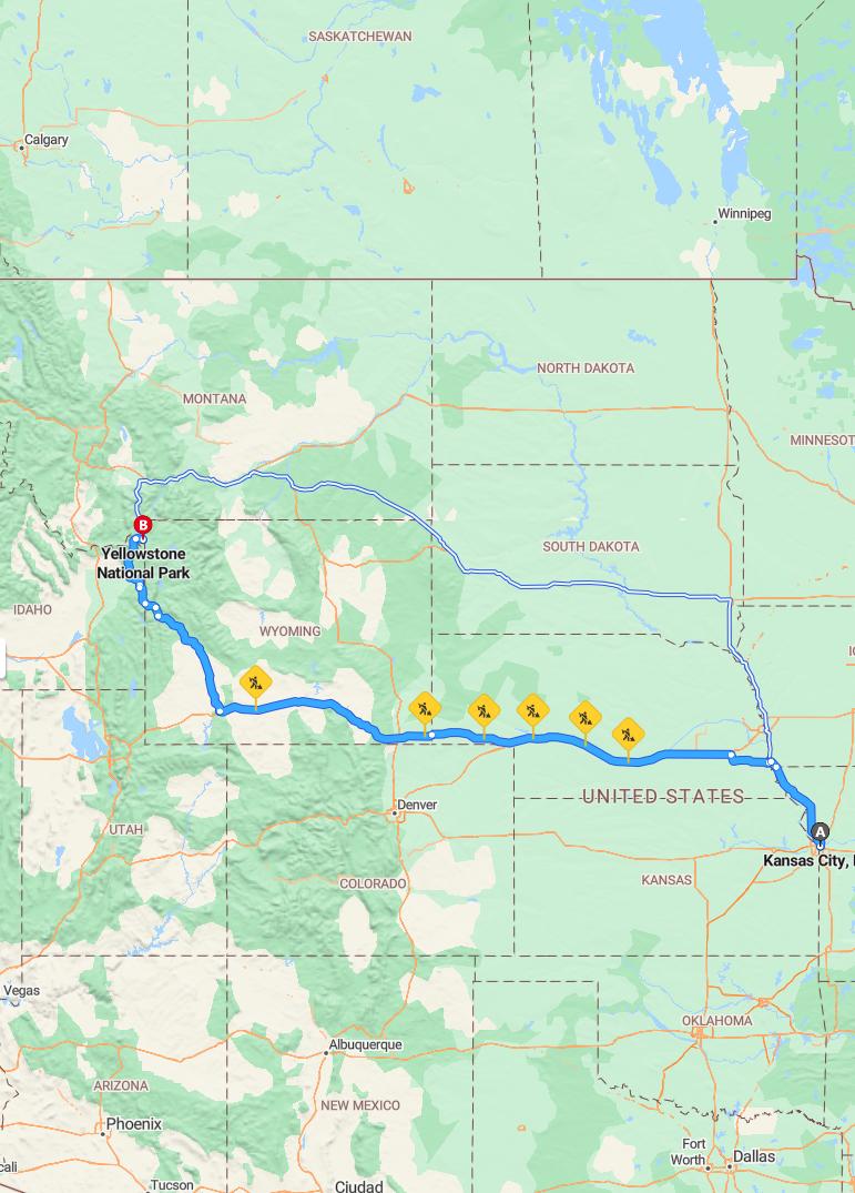 driving from Kansas City, Missouri to YellowstoneWyoming - map and route