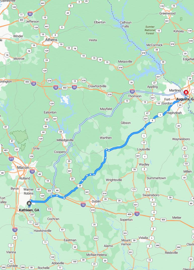 driving from Kathleen, Georgia to AugustaGeorgia - map and route