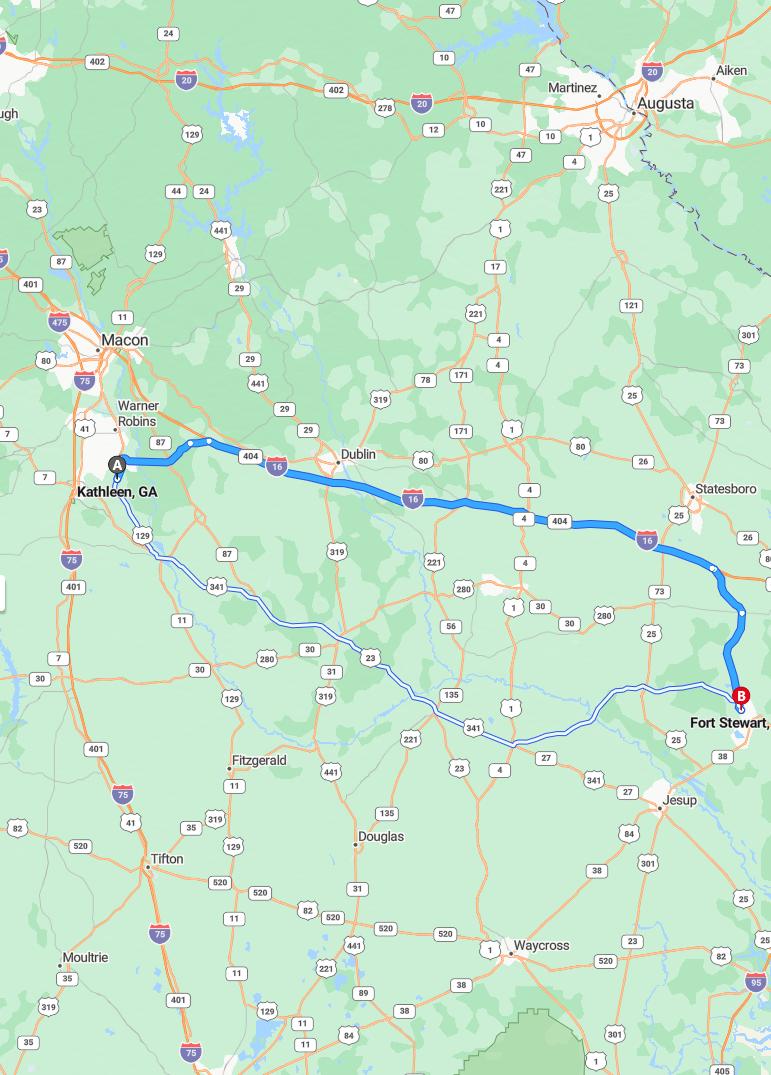driving from Kathleen, Georgia to Fort StewartGeorgia - map and route