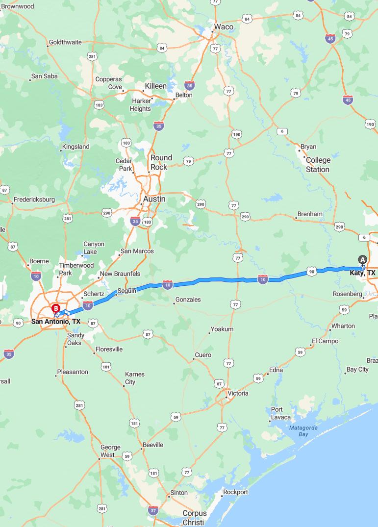 driving from Katy, Texas to San AntonioTexas - map and route