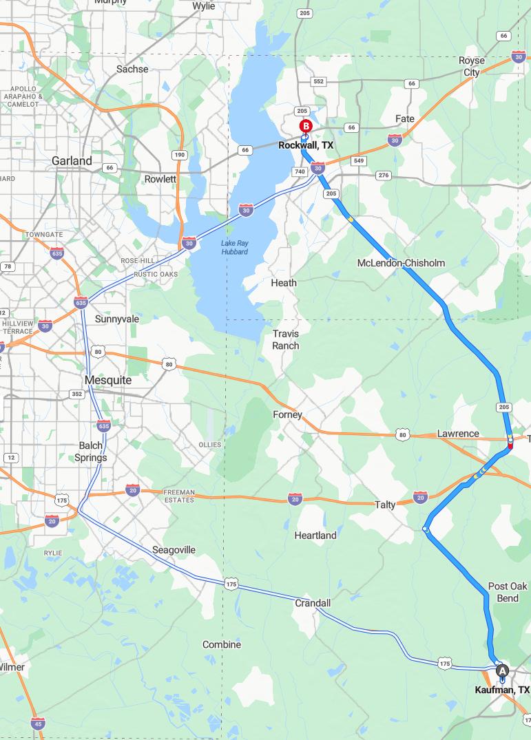 driving from Kaufman, Texas to RockwallTexas - map and route