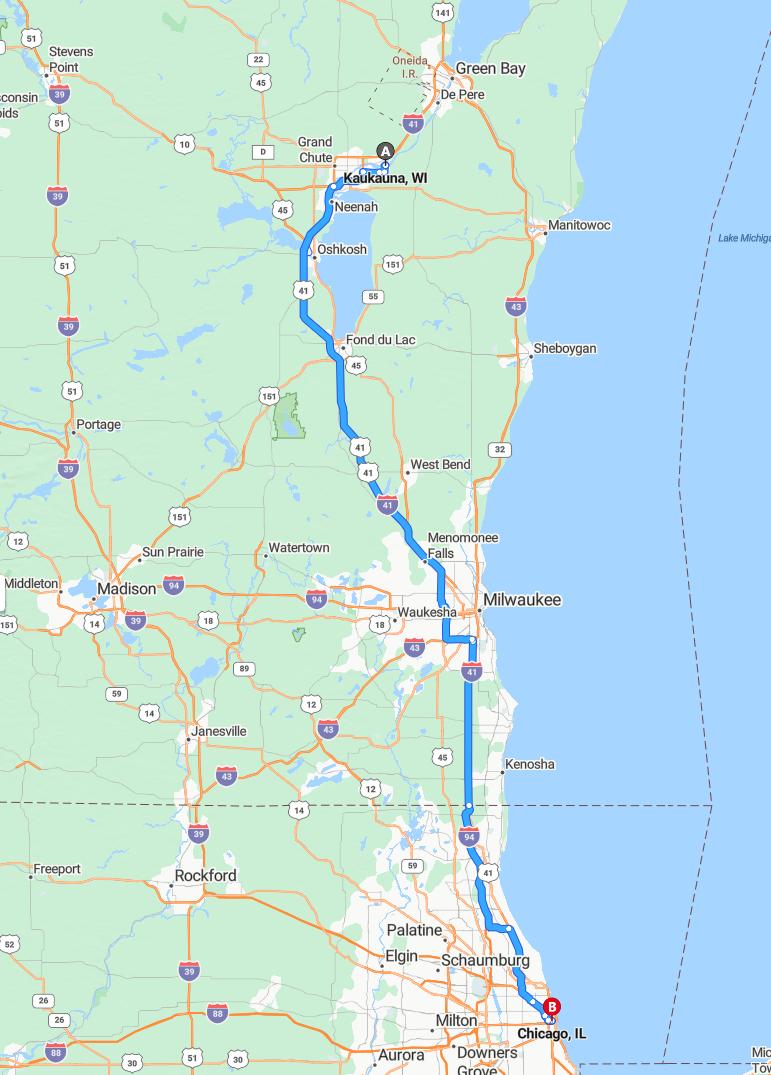 driving from Kaukauna, Wisconsin to ChicagoIllinois - map and route