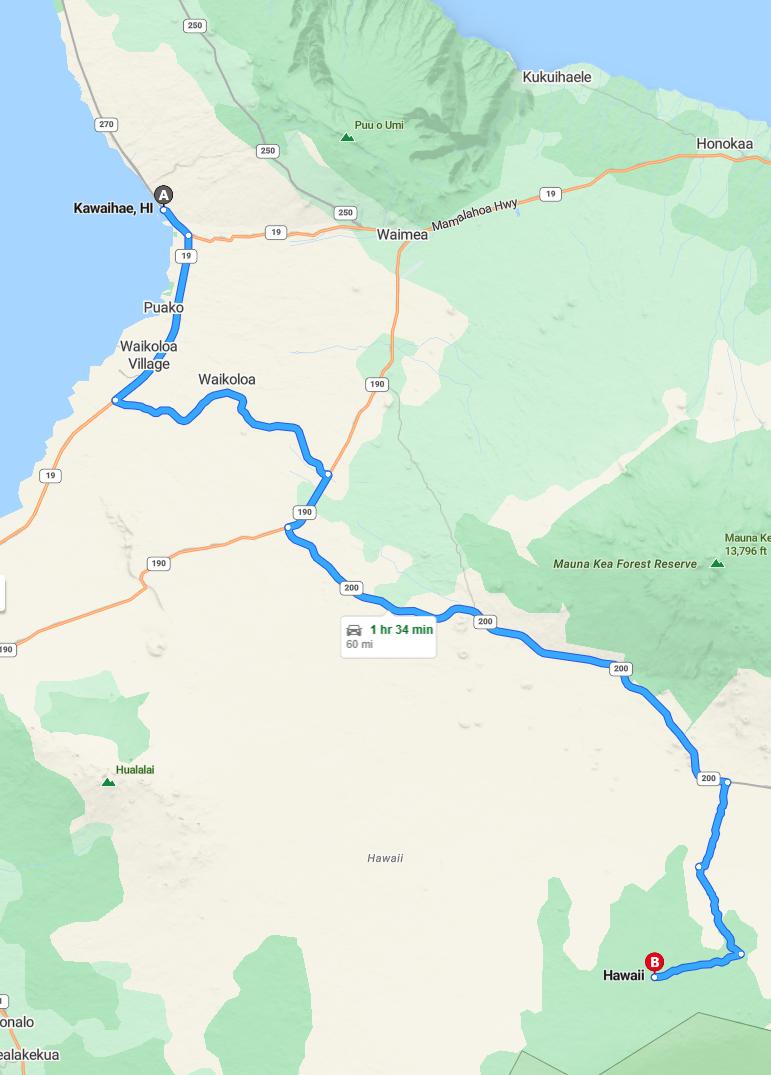 driving from Kawaihae, Hawaii to HawiHawaii - map and route
