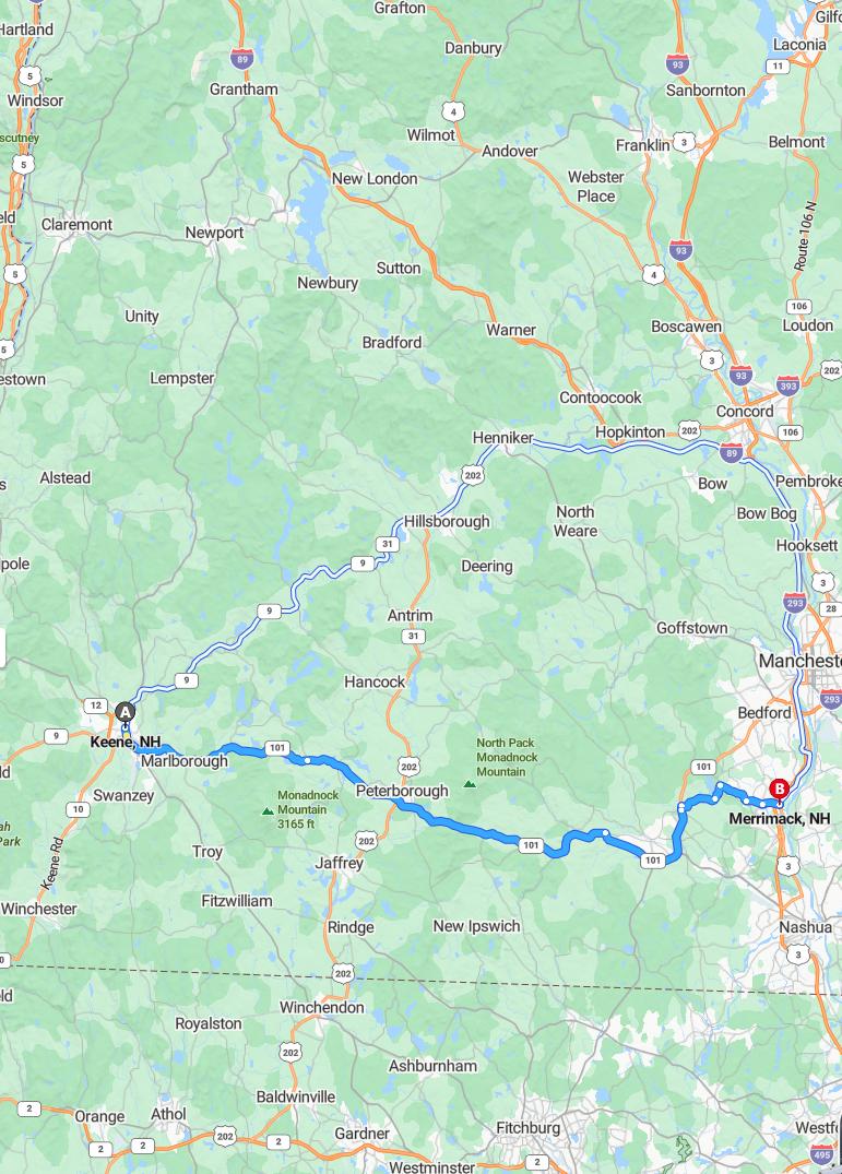 driving from Keene, New Hampshire to MerrimackNew Hampshire - map and route