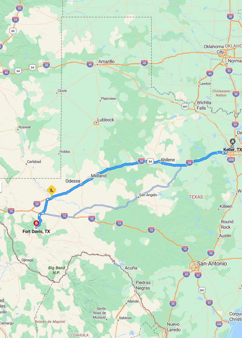 driving from Keller, Texas to Fort DavisTexas - map and route