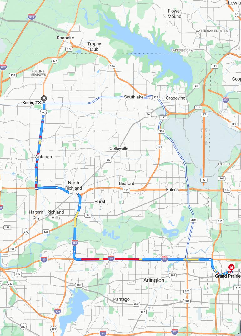 driving from Keller, Texas to Grand PrairieTexas - map and route