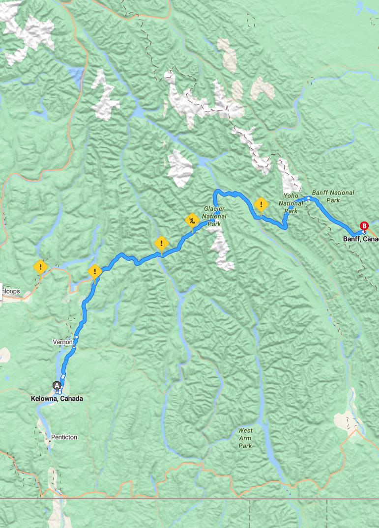 driving from Kelowna, British Columbia to BanffAlberta - map and route