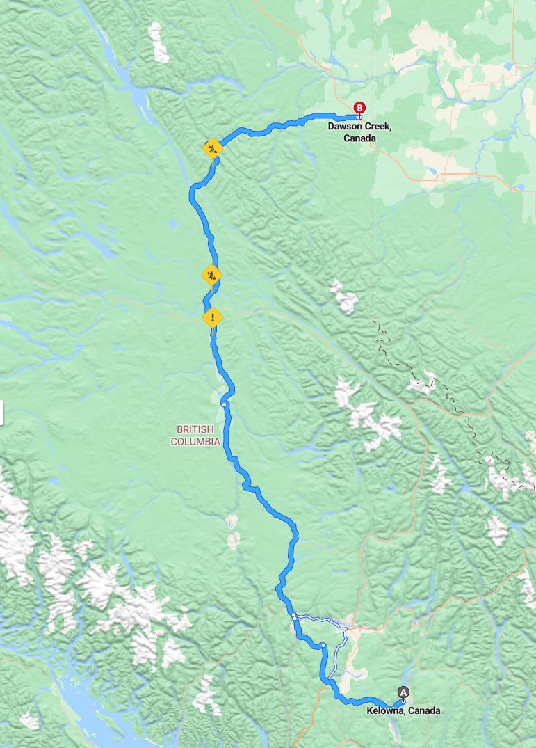 driving from Kelowna, British Columbia to Dawson CreekBritish Columbia - map and route