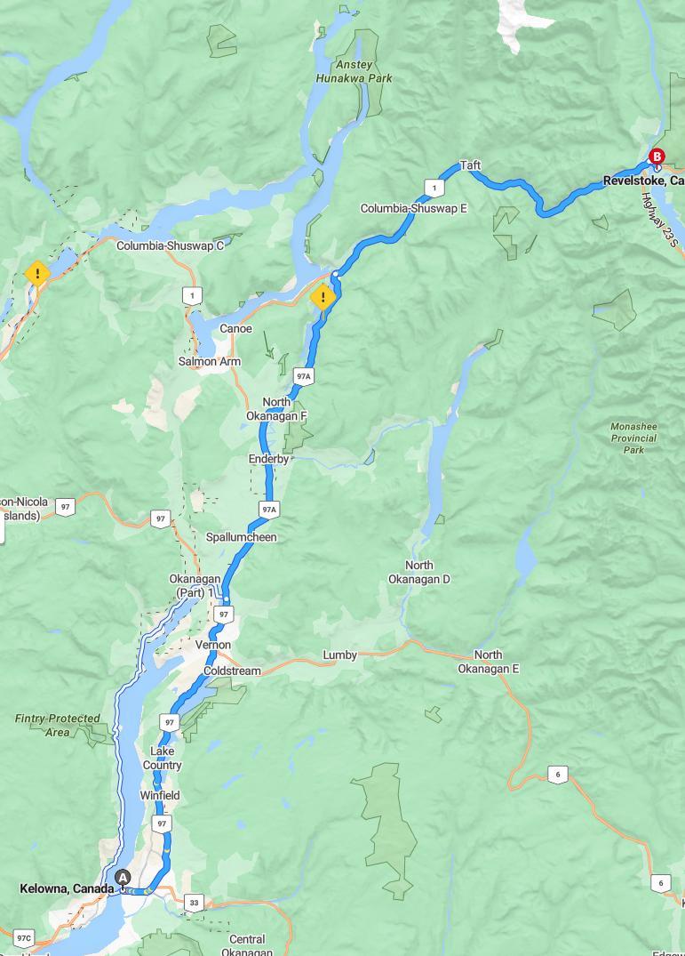 driving from Kelowna, British Columbia to RevelstokeBritish Columbia - map and route