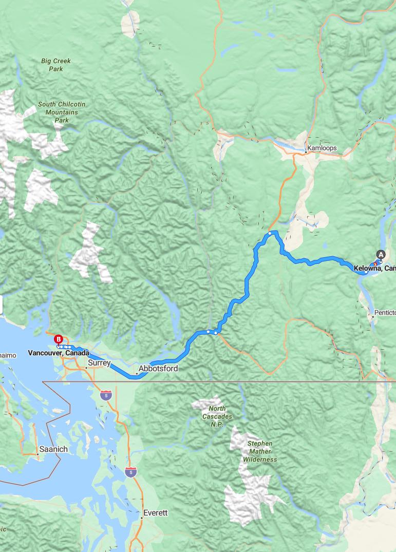 driving from Kelowna, British Columbia to VancouverBritish Columbia - map and route