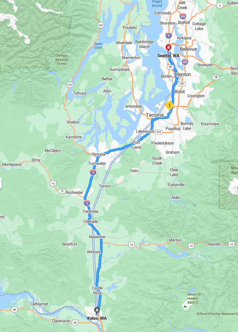 driving from Kelso, Washington to SeattleWashington - map and route