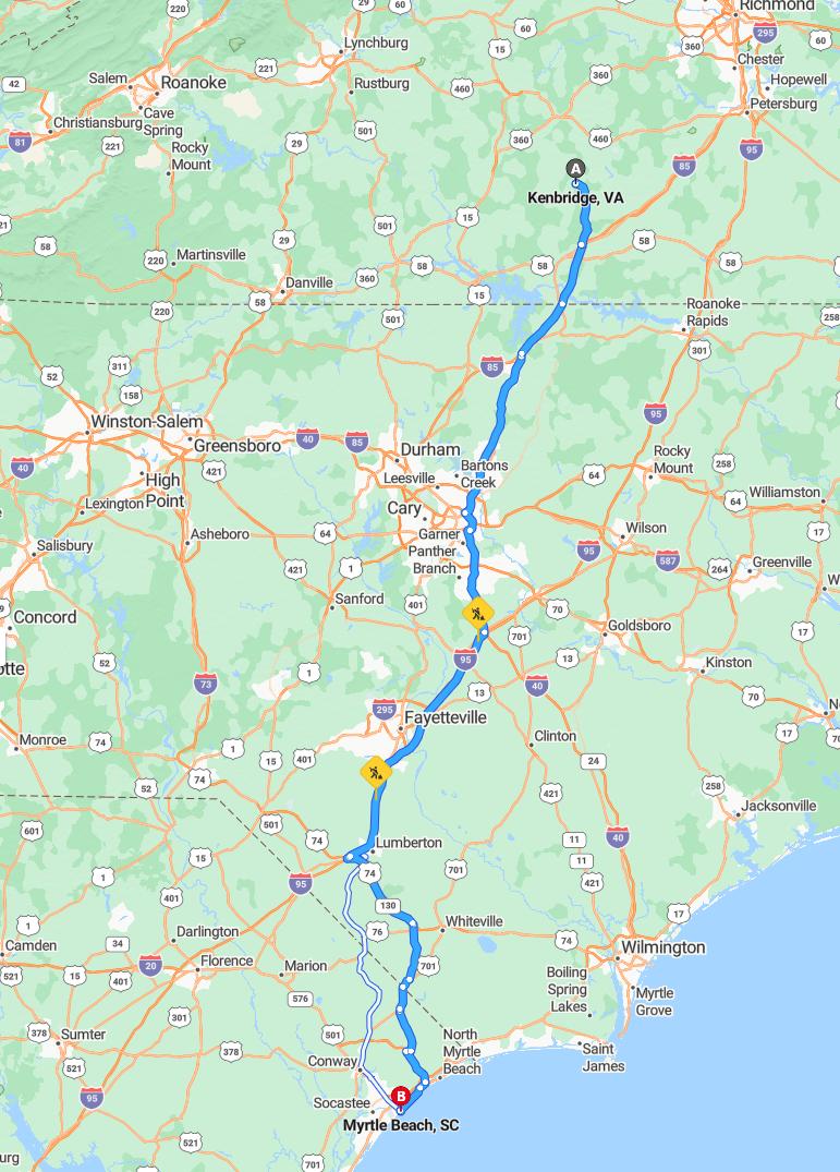 driving from Kenbridge, Virginia to Myrtle BeachSouth Carolina - map and route
