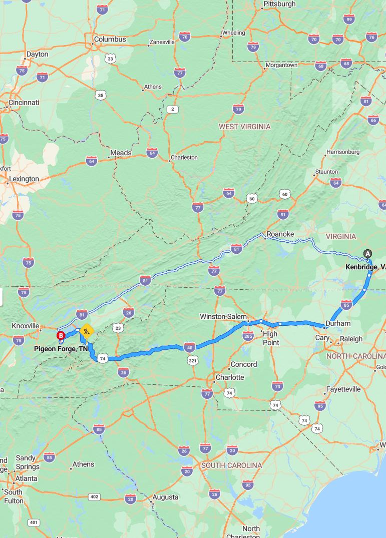driving from Kenbridge, Virginia to Pigeon ForgeTennessee - map and route