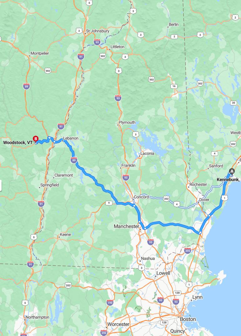 driving from Kennebunk, Maine to WoodstockVermont - map and route