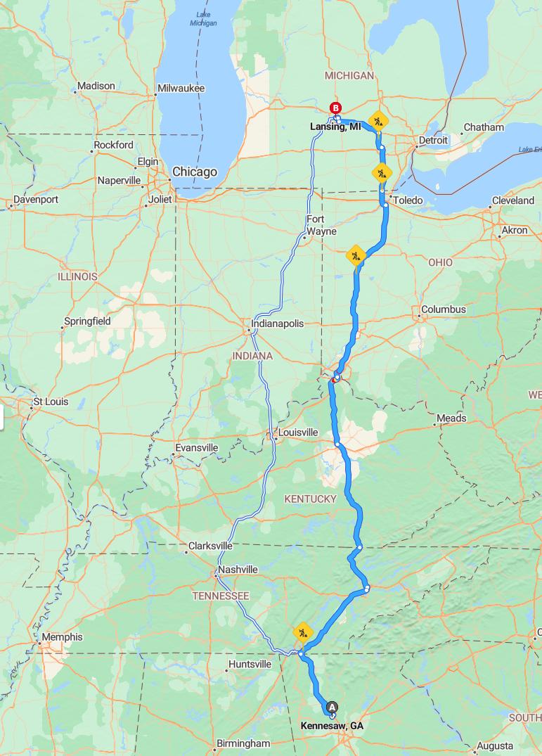 driving from Kennesaw, Georgia to LansingMichigan - map and route