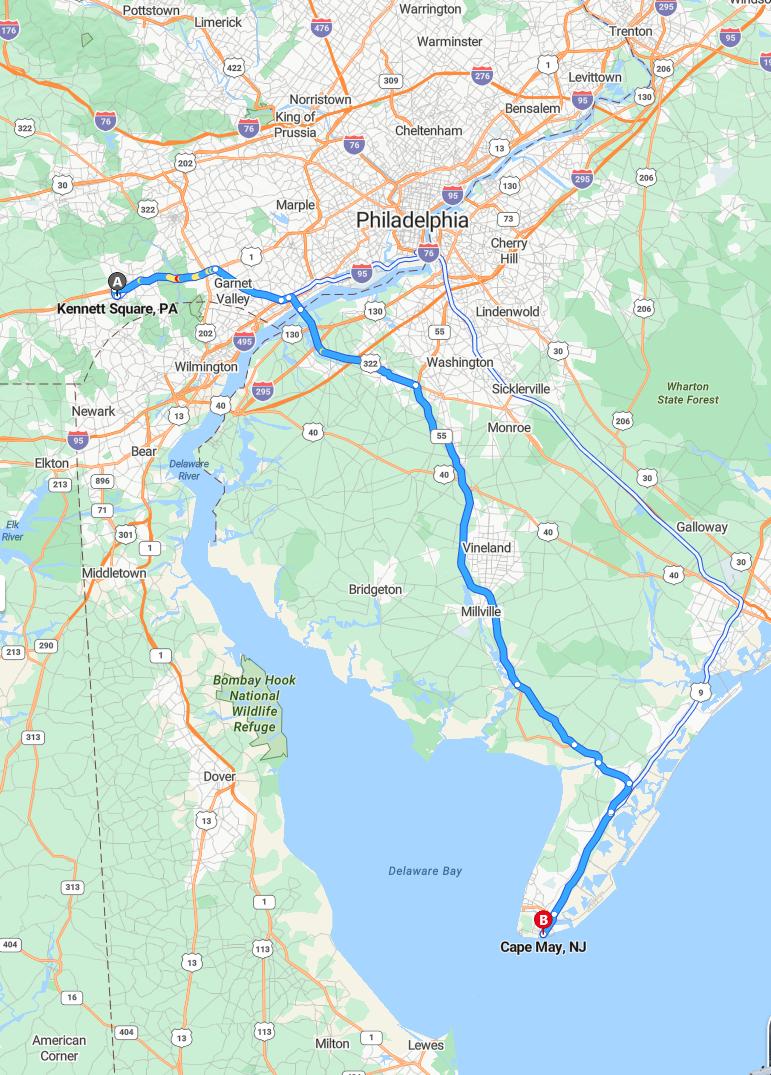 driving from Kennett Square, Pennsylvania to Cape MayNew Jersey - map and route