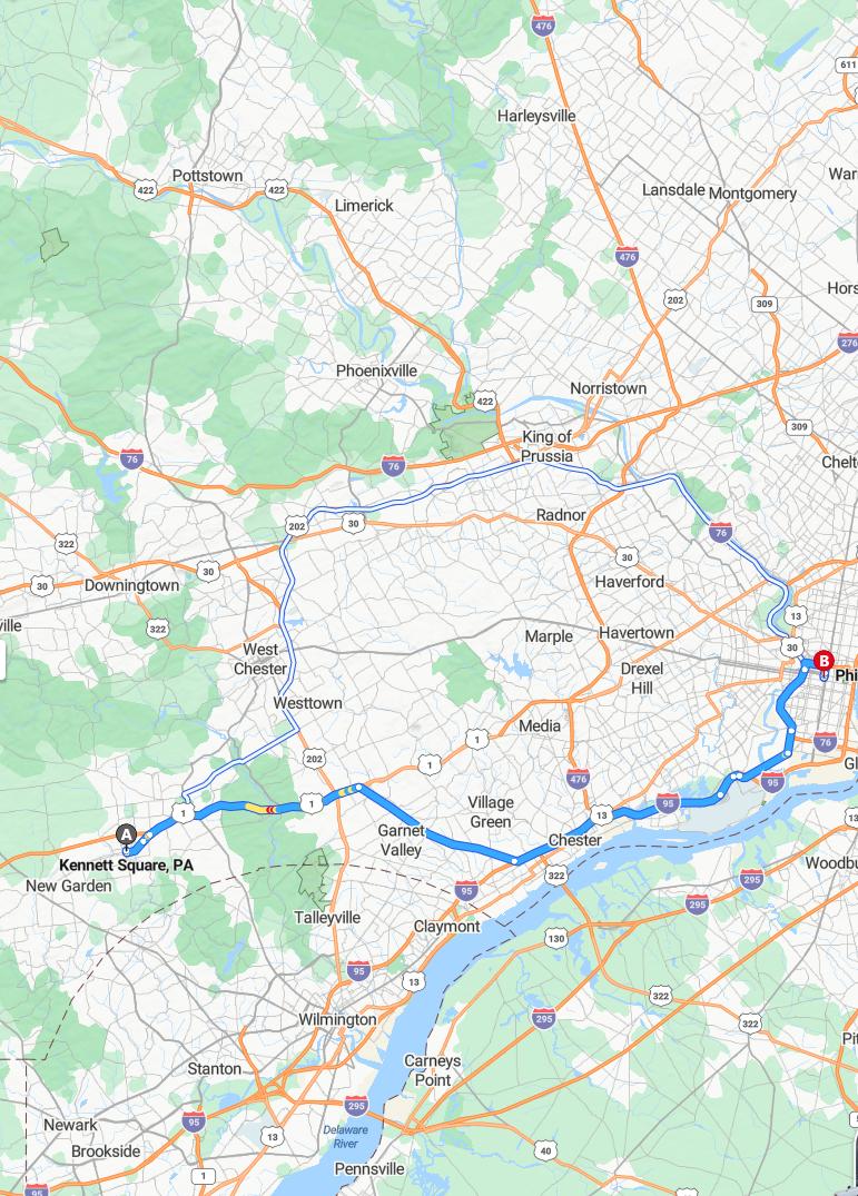 driving from Kennett Square, Pennsylvania to PhiladelphiaPennsylvania - map and route