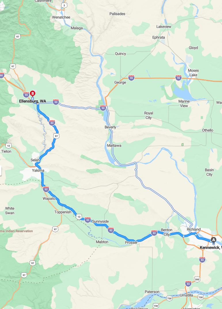 driving from Kennewick, Washington to EllensburgWashington - map and route