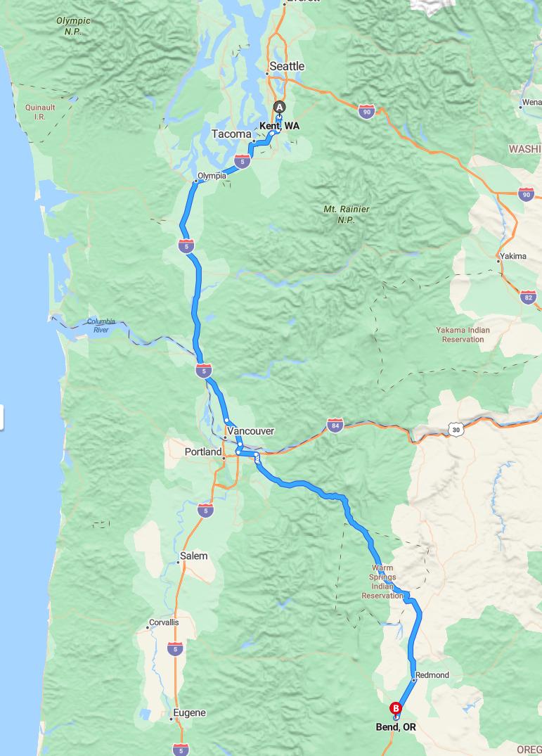 driving from Kent, Washington to BendOregon - map and route