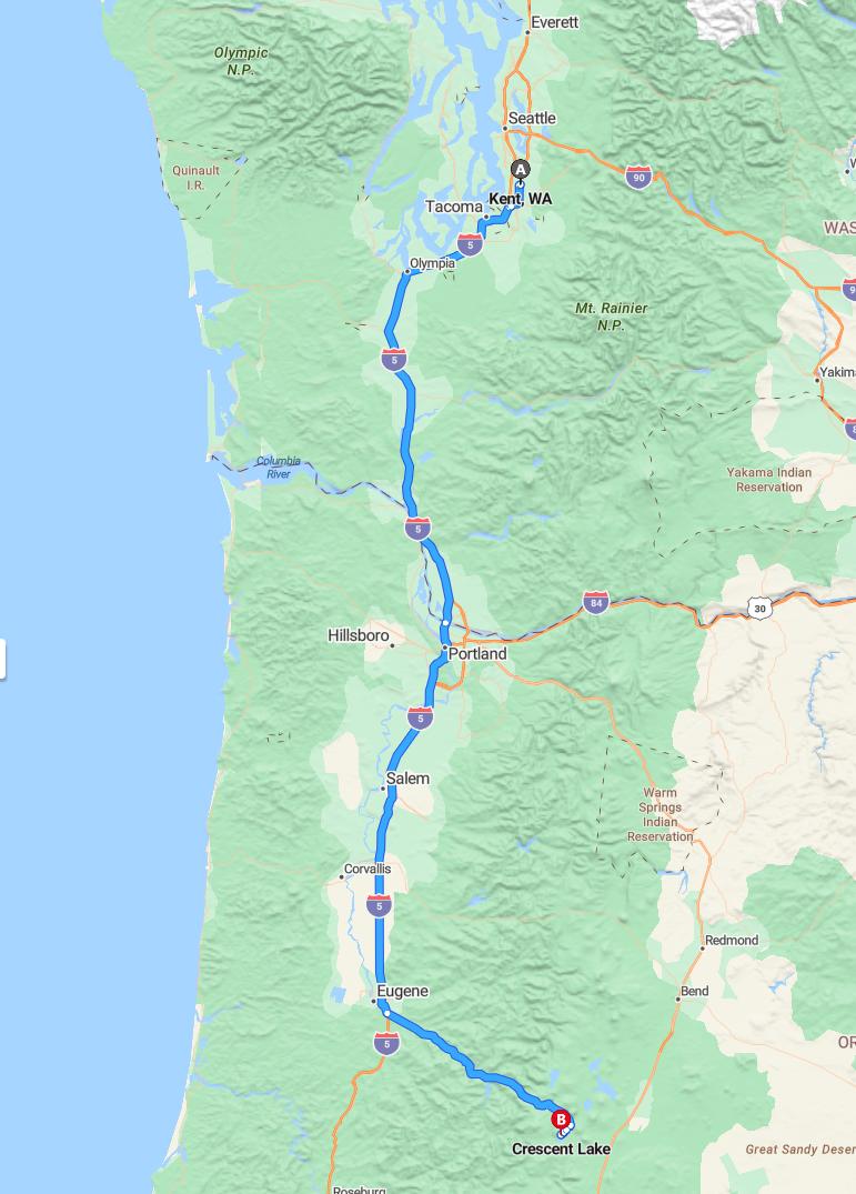driving from Kent, Washington to Crescent LakeOregon - map and route
