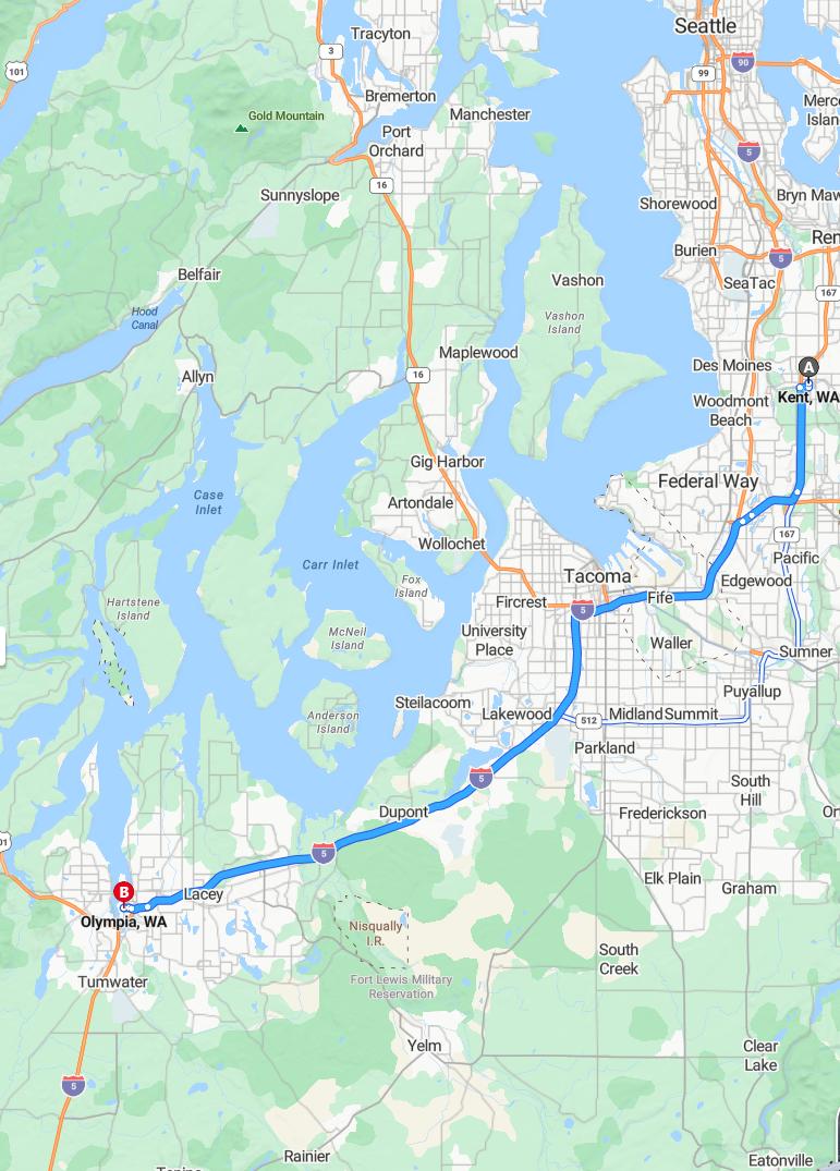driving from Kent, Washington to OlympiaWashington - map and route