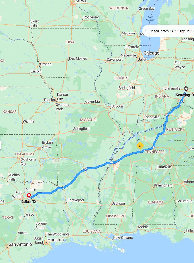 driving from Kettering, Ohio to DallasTexas - map and route