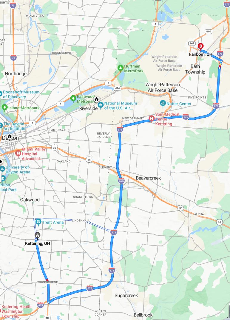 driving from Kettering, Ohio to FairbornOhio - map and route