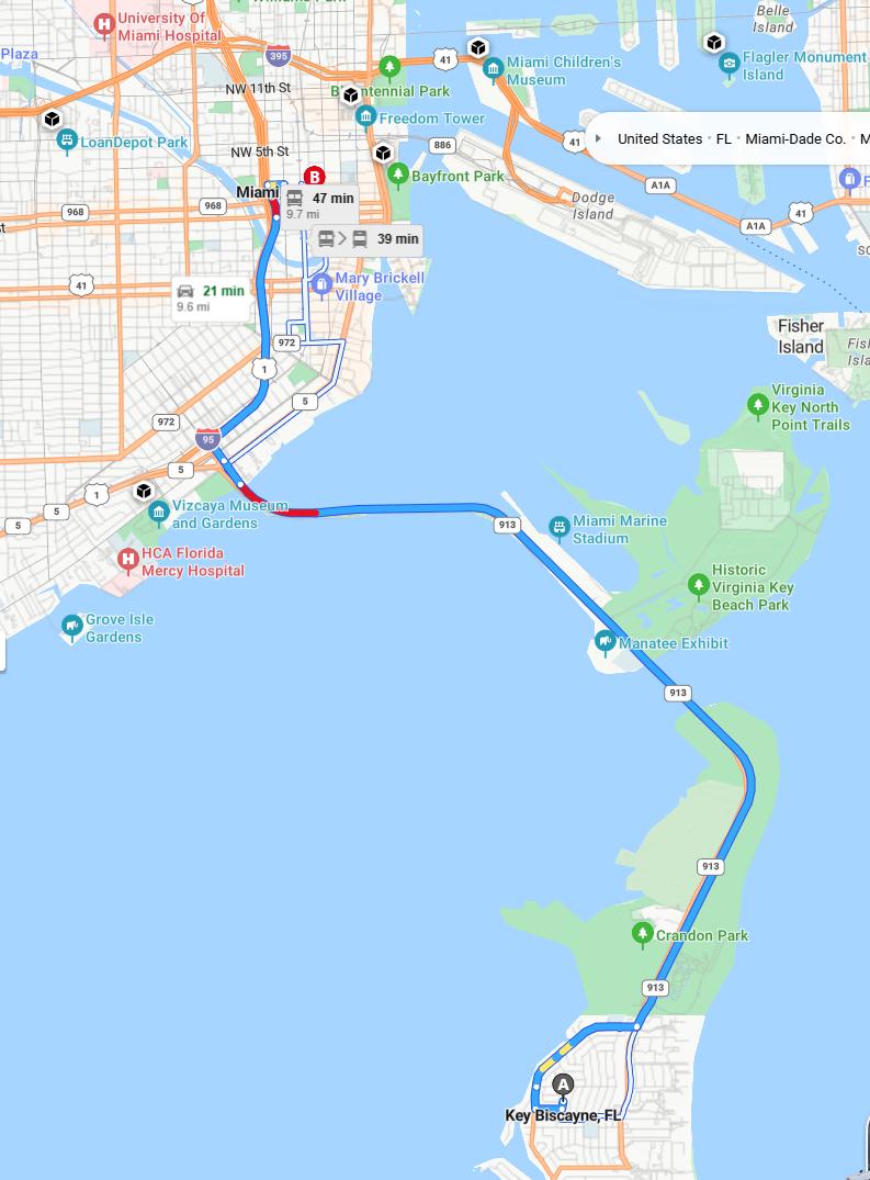 driving from Key Biscayne, Florida to MiamiFlorida - map and route