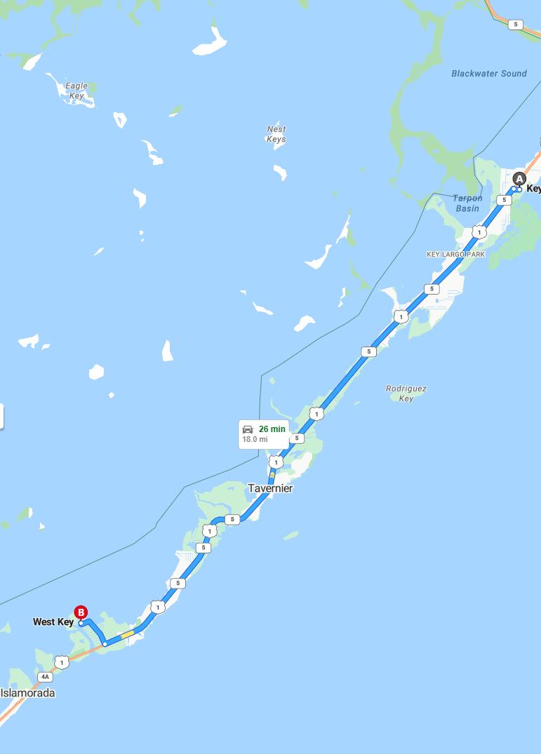 driving from Key Largo, Florida to Key WestFlorida - map and route