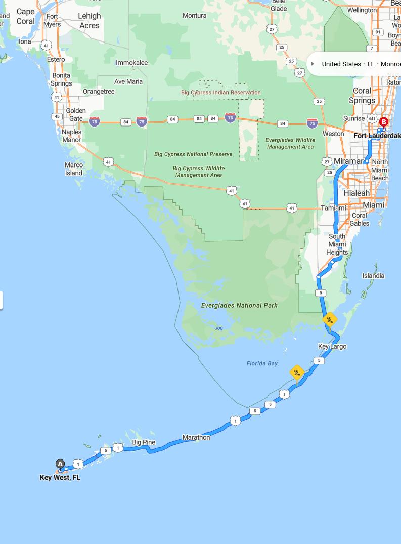 driving from Key West, Florida to Fort LauderdaleFlorida - map and route