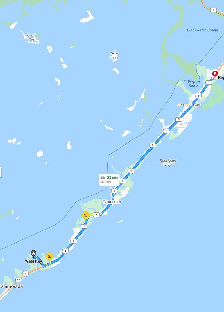 driving from Key West, Florida to Key LargoFlorida - map and route