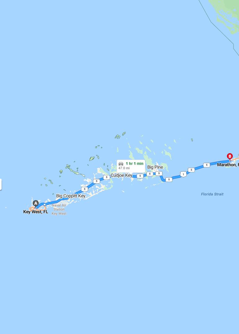 driving from Key West, Florida to MarathonFlorida - map and route