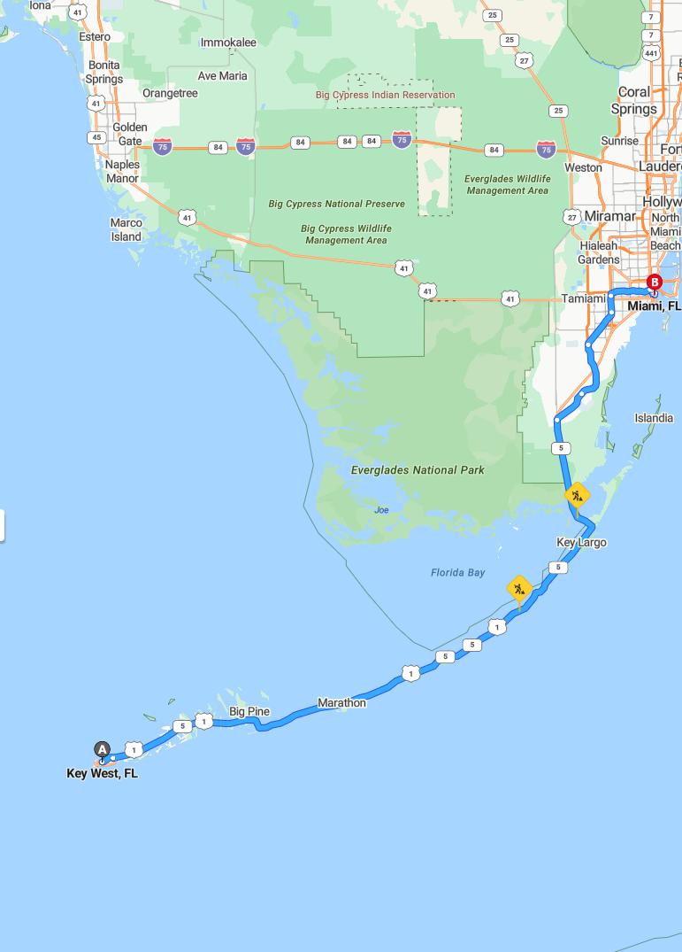 driving from Key West, Florida to MiamiFlorida - map and route