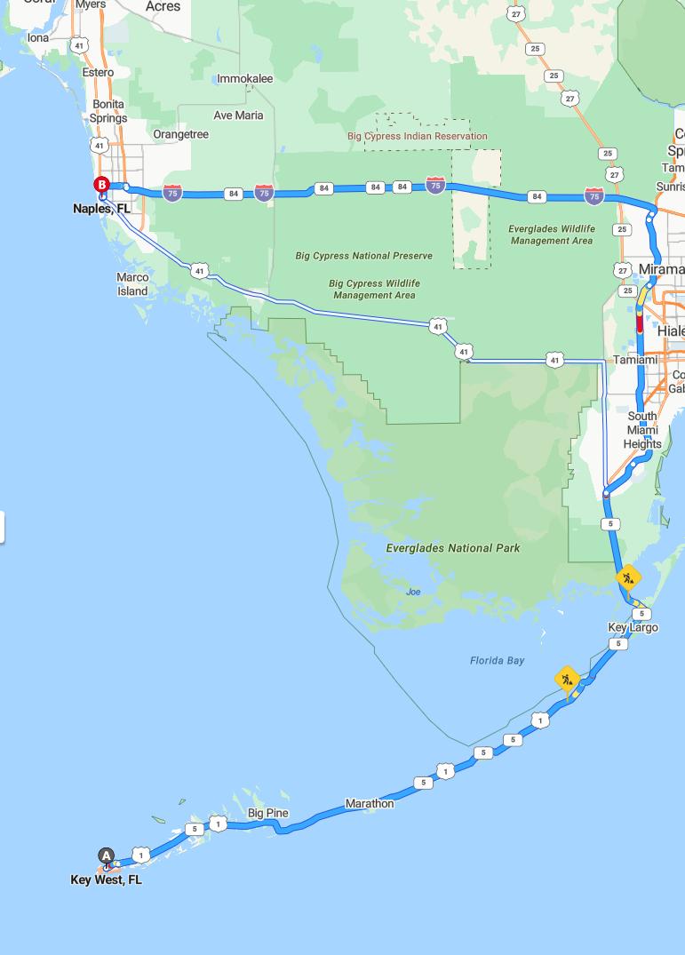 driving from Key West, Florida to NaplesFlorida - map and route