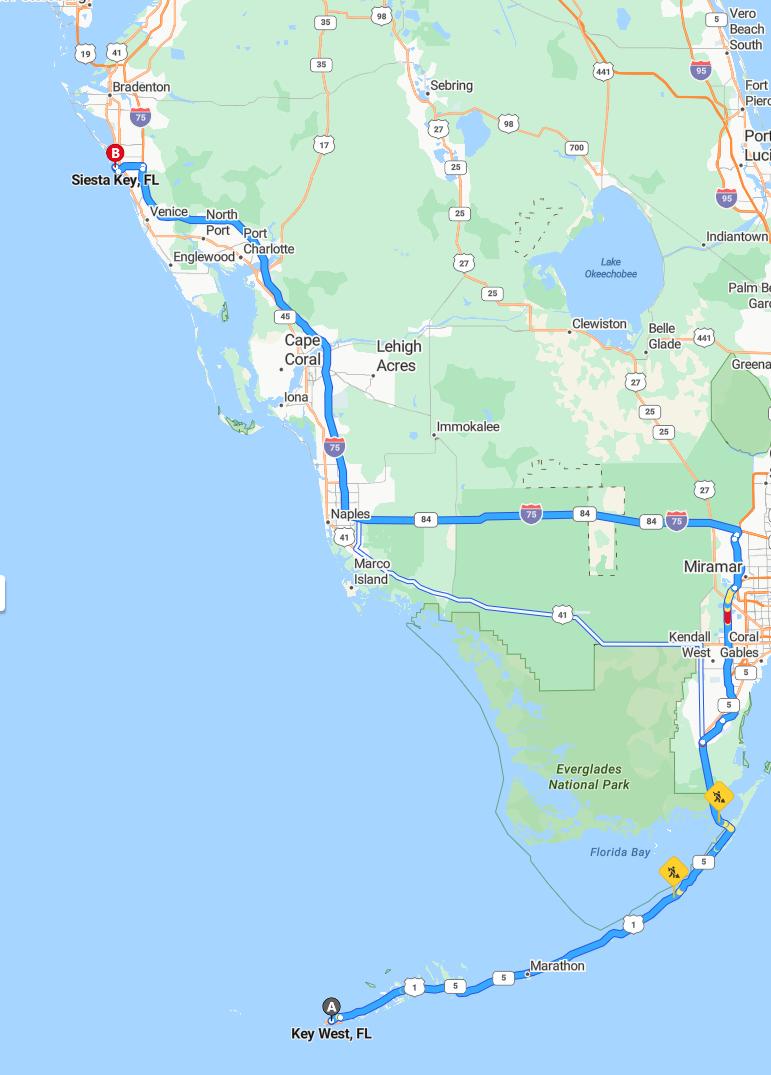 driving from Key West, Florida to Siesta KeyFlorida - map and route