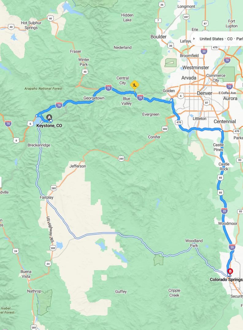 driving from Keystone, Colorado to Colorado SpringsColorado - map and route
