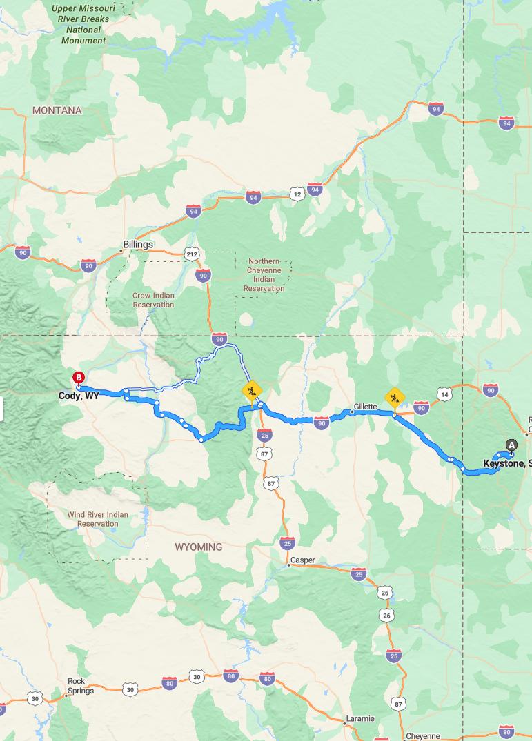 driving from Keystone, South Dakota to CodyWyoming - map and route
