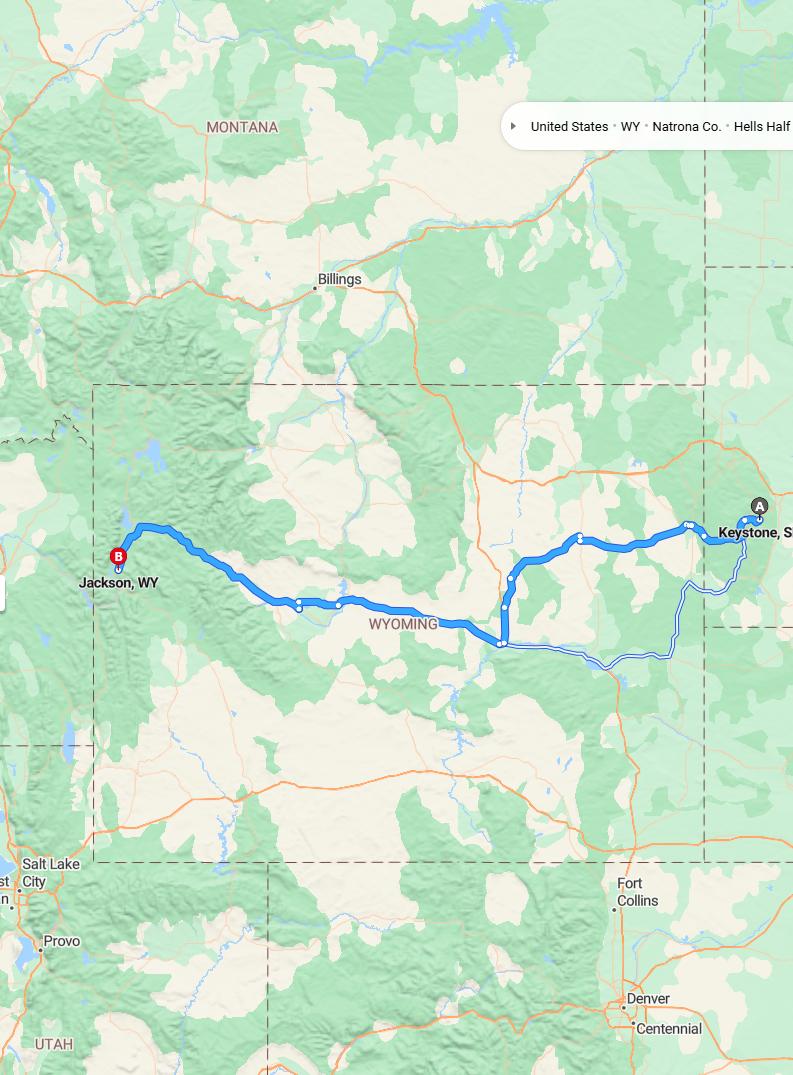 driving from Keystone, South Dakota to JacksonWyoming - map and route