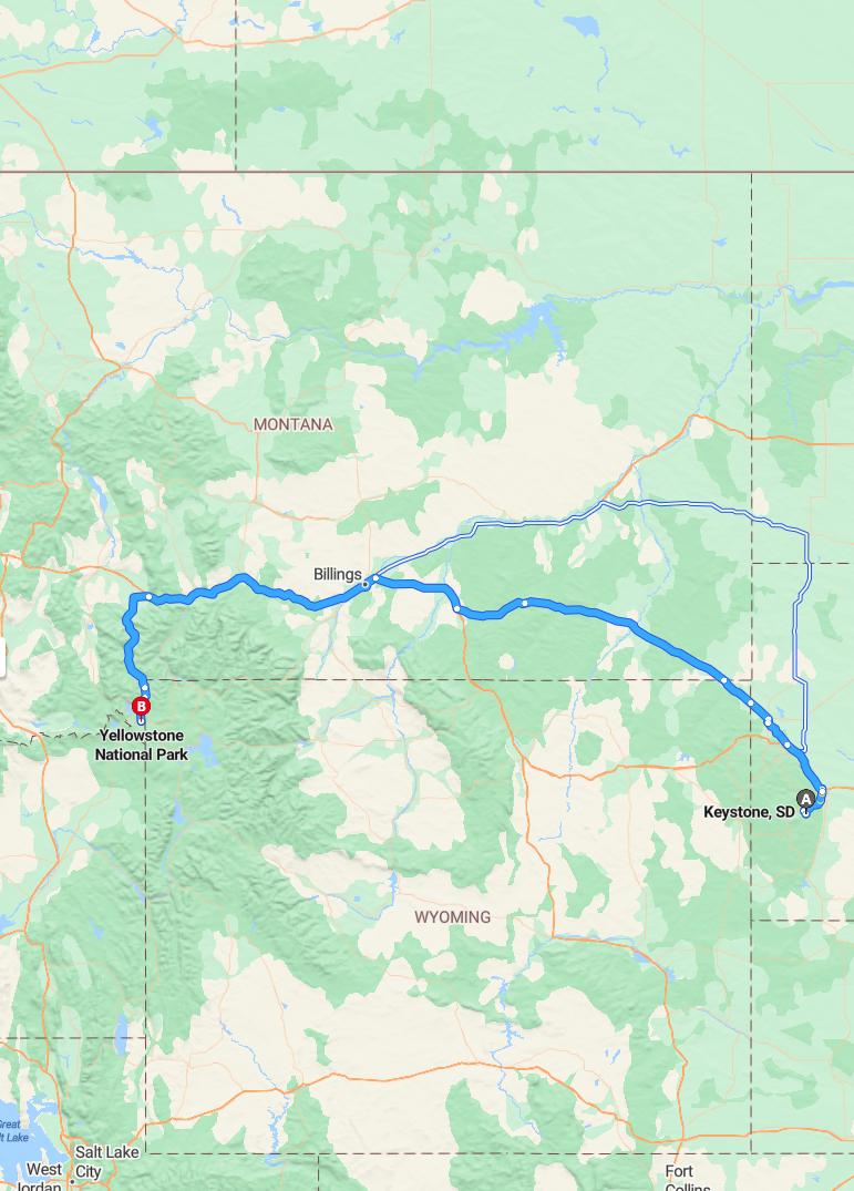 driving from Keystone, South Dakota to Yellowstone National ParkWyoming - map and route