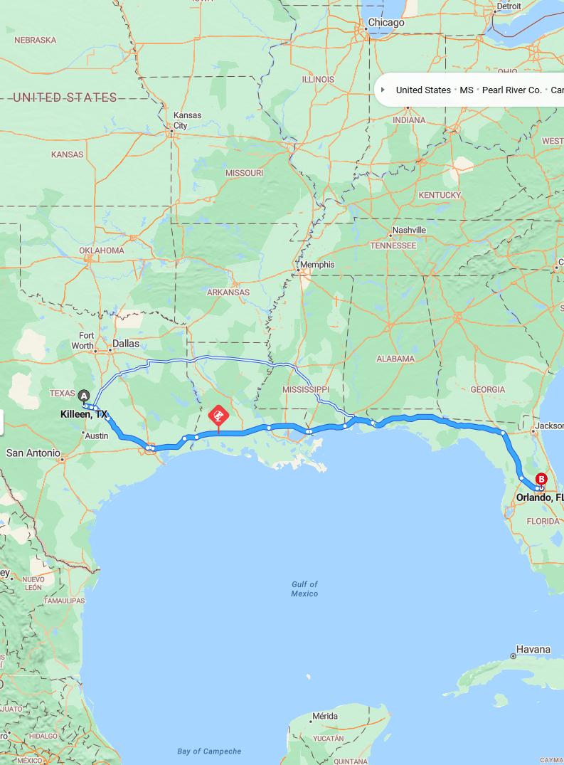 driving from Killeen, Texas to OrlandoFlorida - map and route