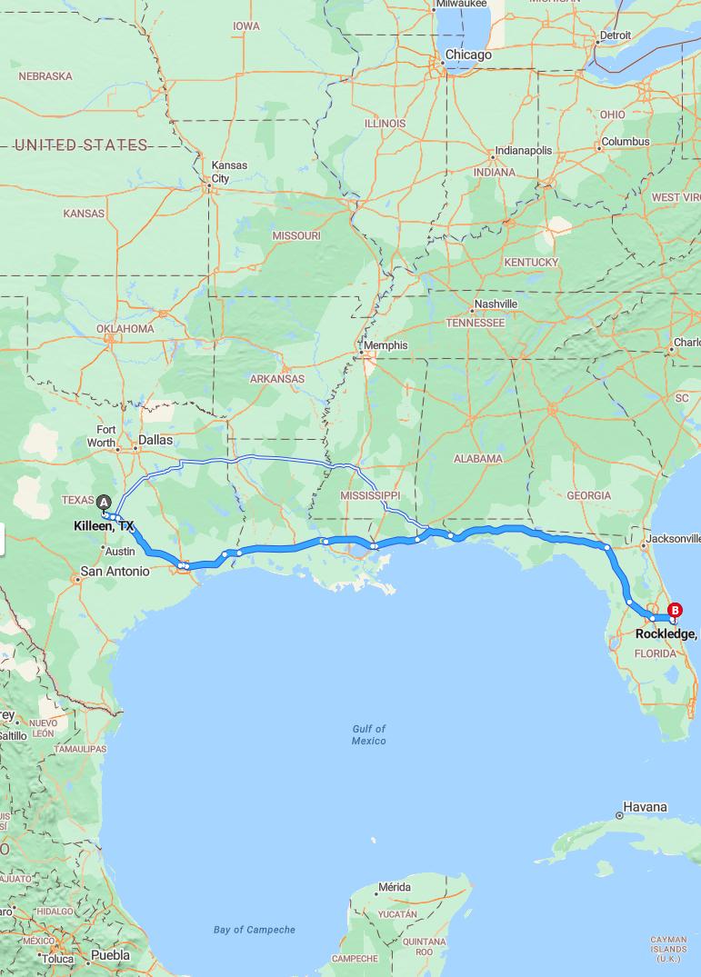 driving from Killeen, Texas to RockledgeFlorida - map and route