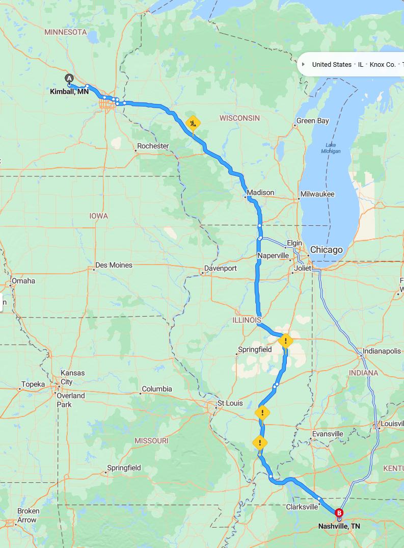 driving from Kimball, Minnesota to NashvilleTennessee - map and route