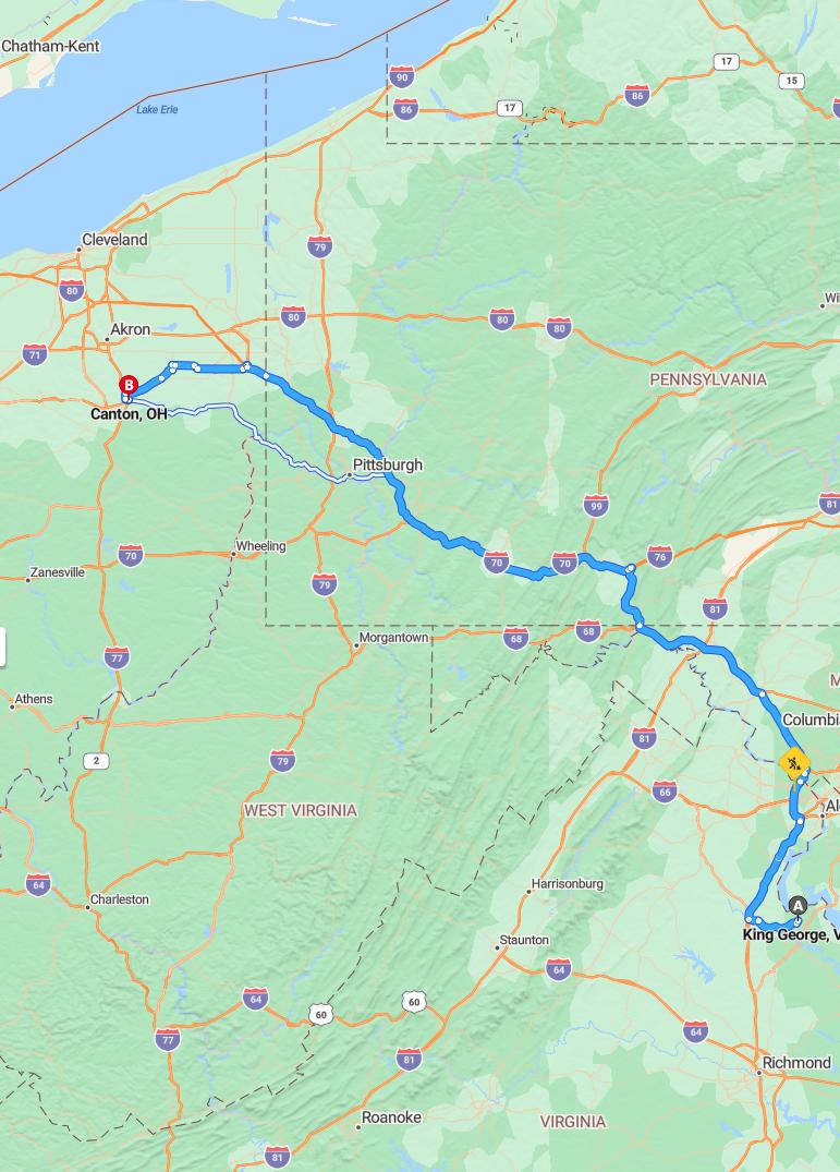 driving from King George, Virginia to CantonOhio - map and route