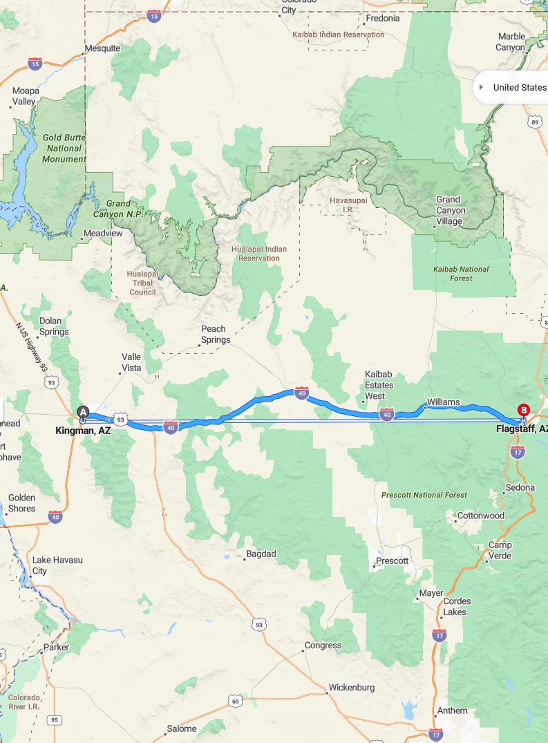 driving from Kingman, Arizona to FlagstaffArizona - map and route